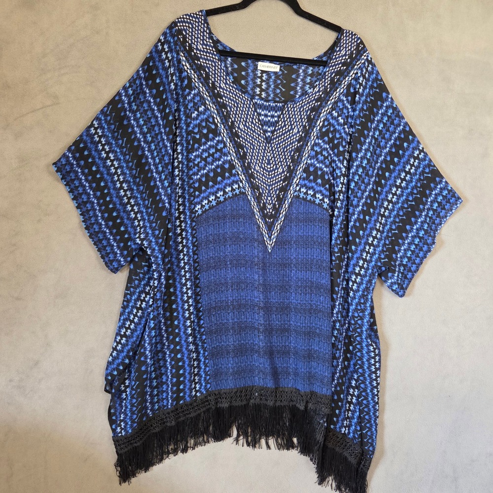 Catherines Poncho Fringe Top Women's Size 4X Geometric Boho Kaftan Kimono